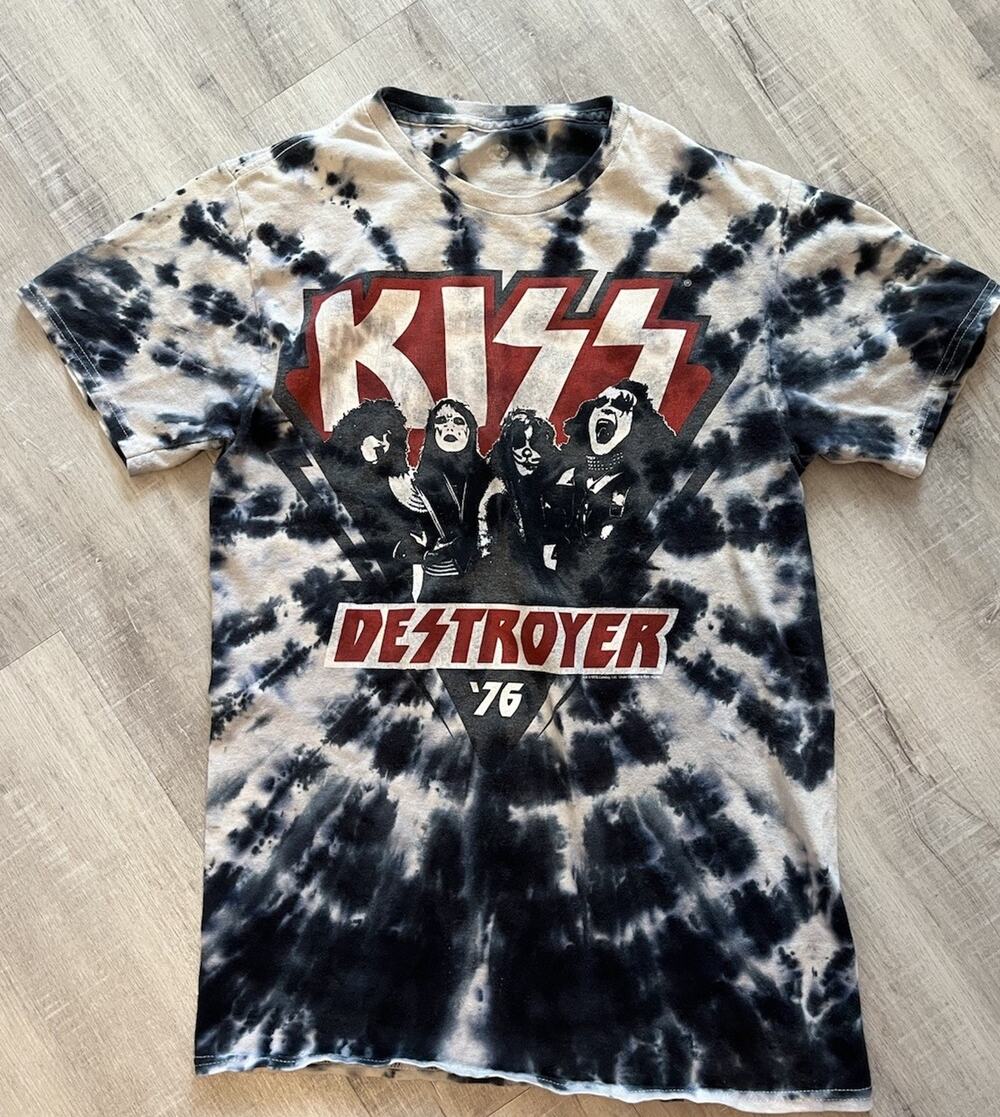 VTG Kiss Destroyer ’76 Y2K Liquid Blue Tie Dye T-shirt Blue White Band Tee S